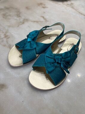 Joyfolie Emerald Green/Dark Teal Glitter Bow Slingback Sandals